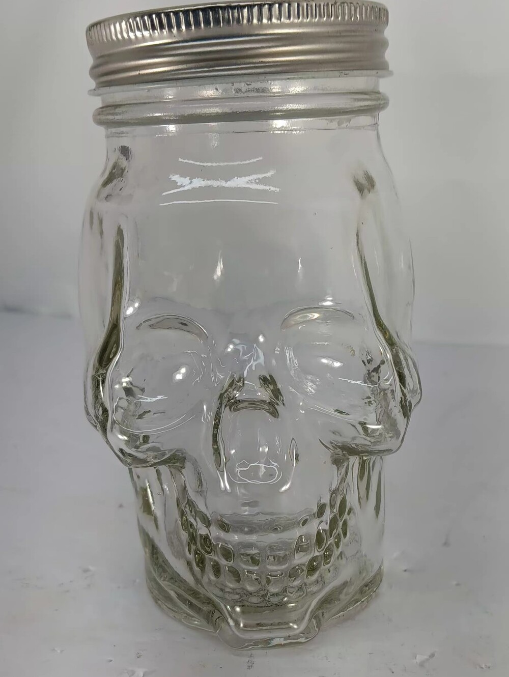 Clear Skull Glass Jar with Silver Lid - Home Art Accent